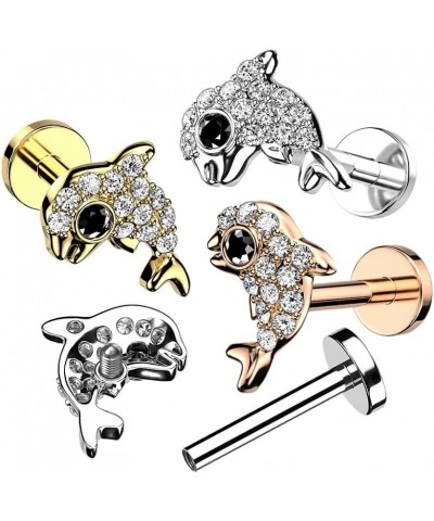 16GA 316L Stainless Steel CZ Crystal Paved Dolphin Internally Threaded Stud Gold Tone $8.93 Body Jewelry