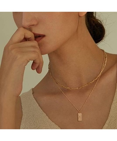 Gold Necklace for Women Figaro Chain Choker Necklace 2 Layered Set Initial Bar Rectangle Pendant Necklaces 14K Gold Plated Si...