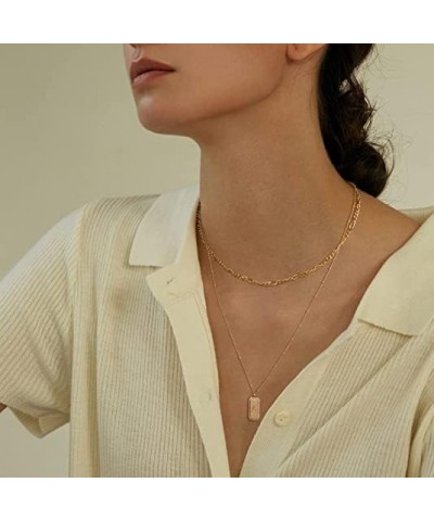 Gold Necklace for Women Figaro Chain Choker Necklace 2 Layered Set Initial Bar Rectangle Pendant Necklaces 14K Gold Plated Si...