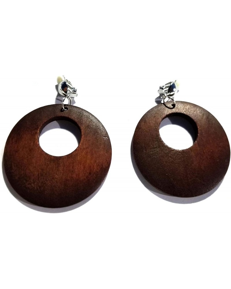 Clip-on Earrings Bohemian Wood Assorted Colors 2.5 inch Hoop Circle Clip Dark Brown $8.11 Earrings