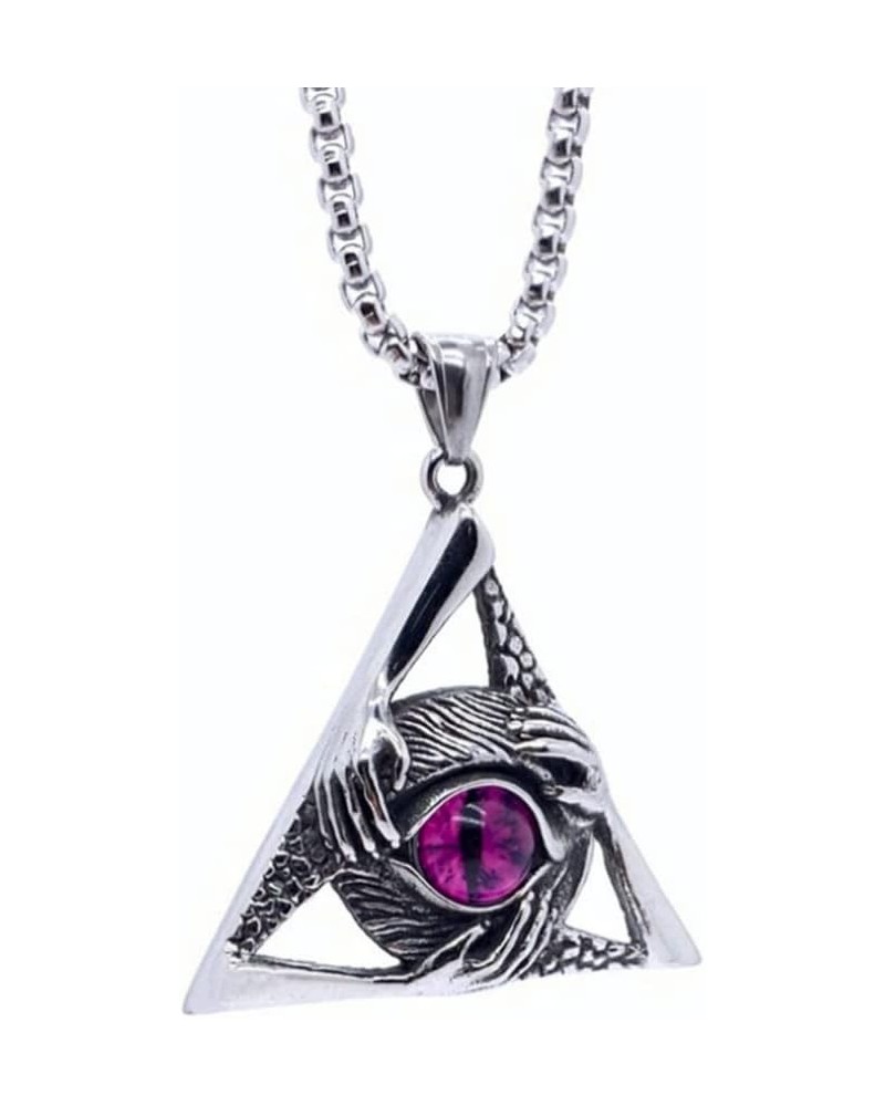 Stainless Steel Vintage Purple Evil Eye Pendant Protection Hands Triangle Pendant Necklace for Men Women, 24 inch Chain Purpl...