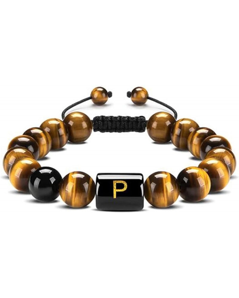 10mm A-Z Initial Letter Natural Yellow Tiger Eye Stone Beads Bracelet Stress Meaningful Adjustable Braided Rope Bracelet for ...