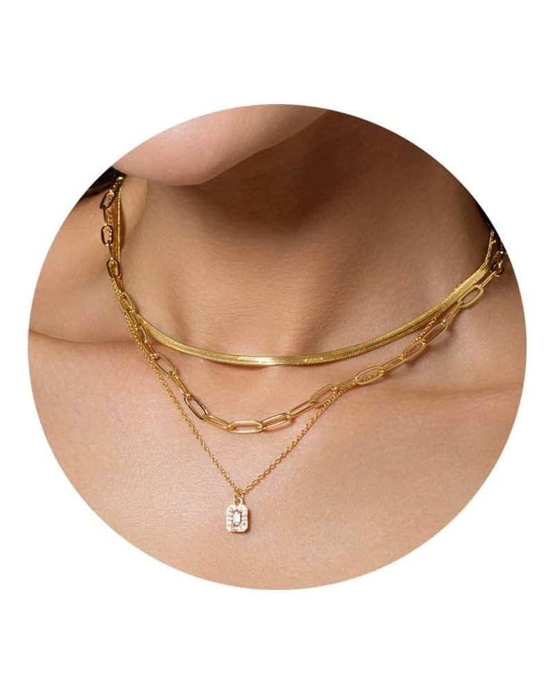 Gold Layered Necklaces for Women Girls, 14K Real Gold Plated CZ Pendant Necklace, Dainty Flat Snake Chain Layering Choker Nec...