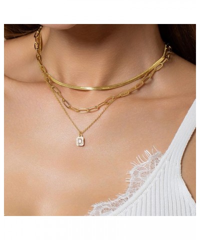 Gold Layered Necklaces for Women Girls, 14K Real Gold Plated CZ Pendant Necklace, Dainty Flat Snake Chain Layering Choker Nec...