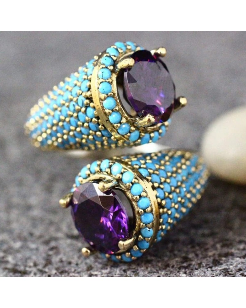 14K Gold Plated Open Amethyst Ring with Turquoise Rings on Both Sides Wedding Jewelry for Women Vintage Gothic Purple Crystal...