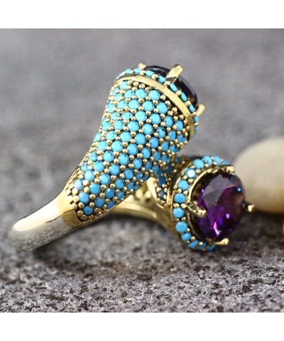 14K Gold Plated Open Amethyst Ring with Turquoise Rings on Both Sides Wedding Jewelry for Women Vintage Gothic Purple Crystal...