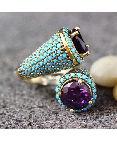 14K Gold Plated Open Amethyst Ring with Turquoise Rings on Both Sides Wedding Jewelry for Women Vintage Gothic Purple Crystal...