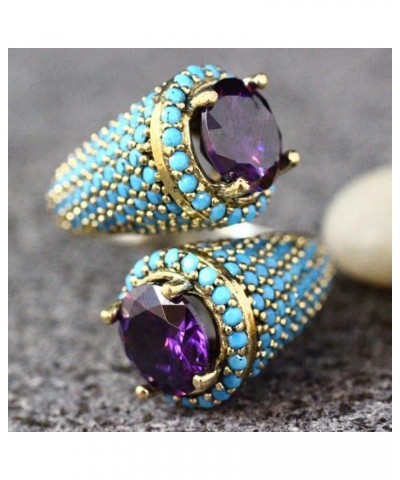 14K Gold Plated Open Amethyst Ring with Turquoise Rings on Both Sides Wedding Jewelry for Women Vintage Gothic Purple Crystal...