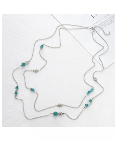 Layered Silver Long Necklace for Women Turquoise Stone Beaded Strand Sweater Chain Necklaces Fashion Costume Jewelry Gifts fo...