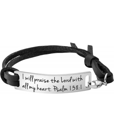 Inspirational Leather Bracelet for Women Christian Engraved Bibler Verse Silver Jewelry I will praise the Lord with all my he...