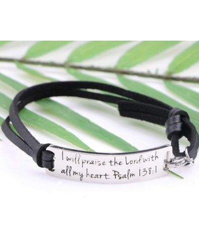 Inspirational Leather Bracelet for Women Christian Engraved Bibler Verse Silver Jewelry I will praise the Lord with all my he...