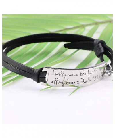 Inspirational Leather Bracelet for Women Christian Engraved Bibler Verse Silver Jewelry I will praise the Lord with all my he...