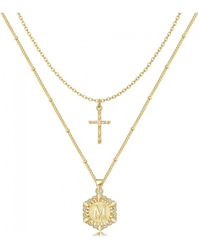 Gold Layered Initial Cross Necklace, 14K Gold Plated Layering Square Letter Pendant Figaro Chain Cross Choker from A-Z Capita...