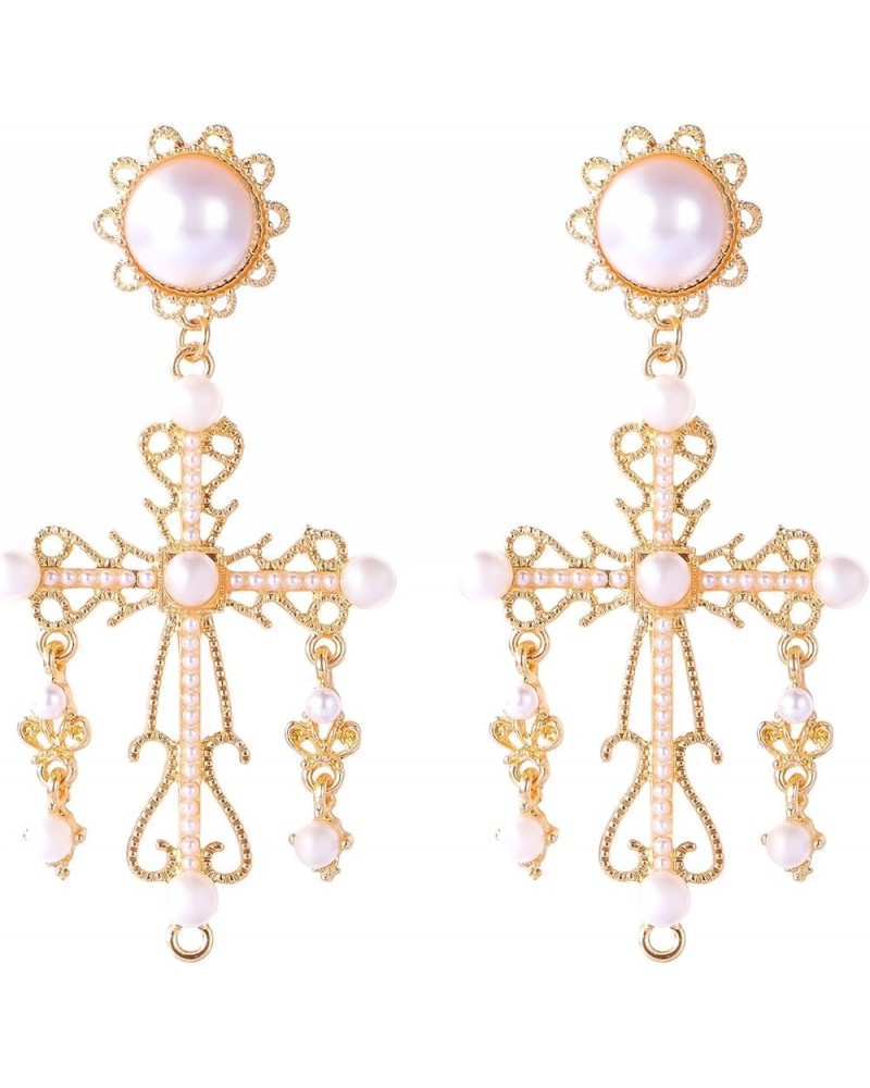 Cross Dangle Earrings Women - Baroque Vintage Pearl Chandelier Earrings Statement Gold Plated Big Cross Earring for Women Gir...