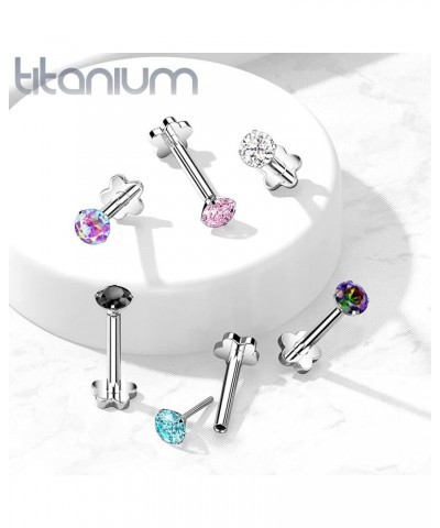 Dynamique Implant Grade Titanium Threadless Push In Flower Base Labret, Flat Back Studs With CZ Prong Set Top For Cartilage, ...