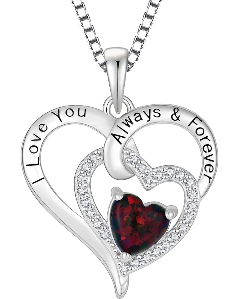 Women 925 Sterling Silver Heart Fire Opal Birthstone Necklace 3A CZ Engraved with I Love You Always & Forever Pendant Necklac...