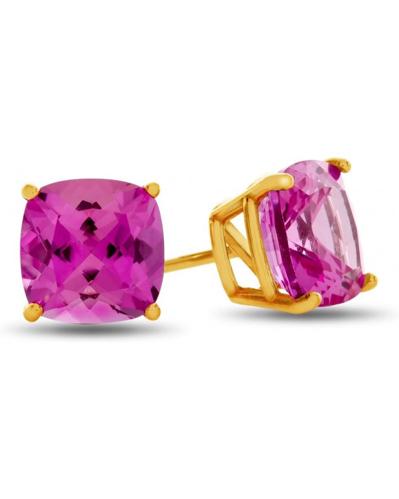 Solid 14k Gold 7x7mm Cushion-Cut Stone Post-With-Friction-Back Stud Earrings Created Pink Sapphire Yellow Gold $46.40 Earrings