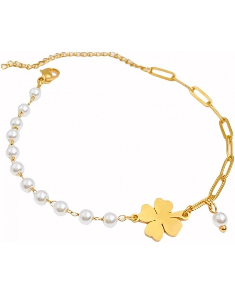 Bracelet for Women Gold Chain， 14K Gold Plated Stainless Steel Simple Jewelry Bracelet for Girls Beach style Clover $5.60 Bra...