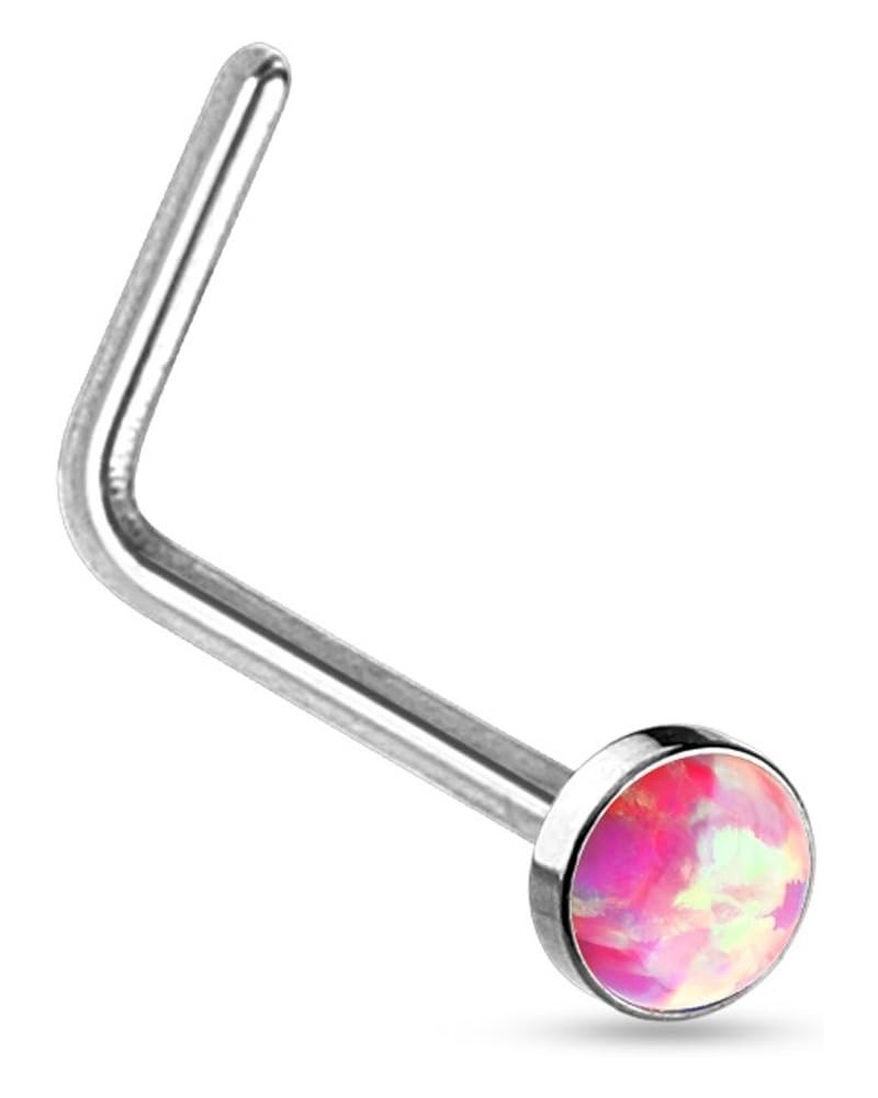 20G Synthetic Opal Set Flat Top PVD Over 316L Surgical Steel L bend Stud Nose Rings Steel/Pink $8.24 Body Jewelry