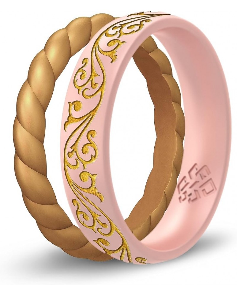 2-Pack Set of Filigree, Floral, or Laurel Leaf Silicone Ring, with Gold Thin Stackable Ring - Gold Inlay Engraved Silicone We...