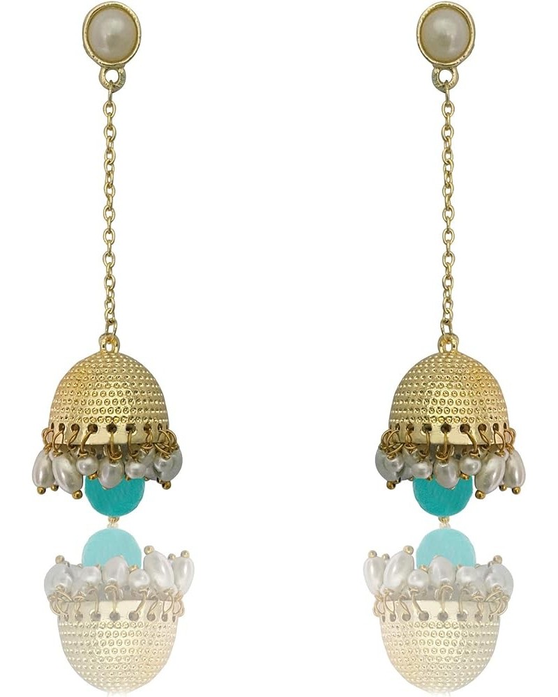 Traditional Long Indian Jhumka Jhumki Golden Dangle Earrings With Pearl For Women Green $7.55 Earrings