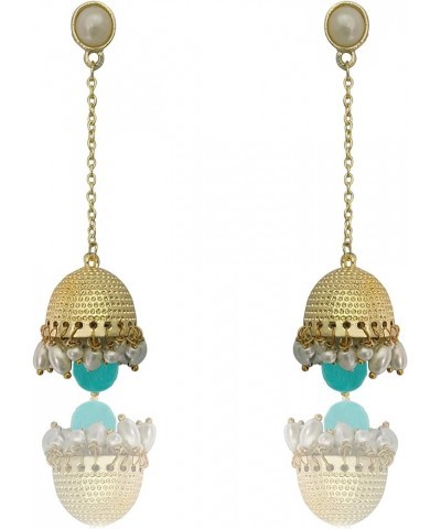 Traditional Long Indian Jhumka Jhumki Golden Dangle Earrings With Pearl For Women Green $7.55 Earrings