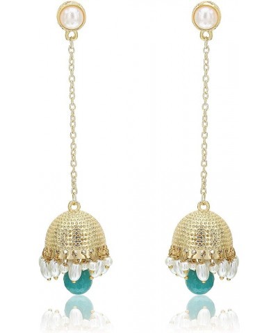 Traditional Long Indian Jhumka Jhumki Golden Dangle Earrings With Pearl For Women Green $7.55 Earrings