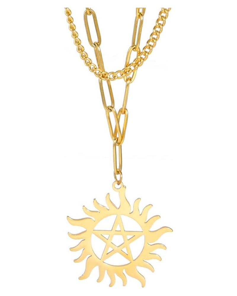 Pentagram Sun Wheel Layered Necklace For Women Men Stainless Steel Dainty Chic Sun Sunburst Pentacle Pendant Double Layer Nec...