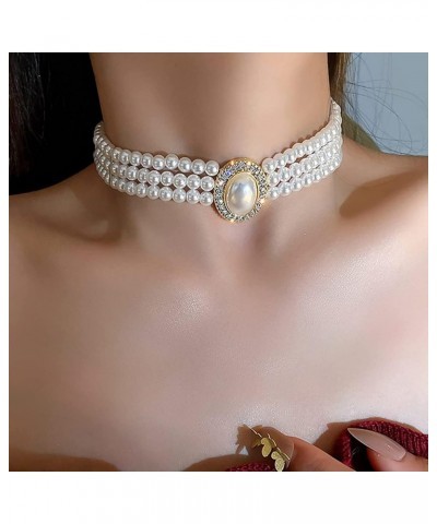 Triple Strand Pearl Choker Necklace Dainty Rhinestones Pearls Chunky Short 1920s Choker Necklace Prom Party for Women and Gir...