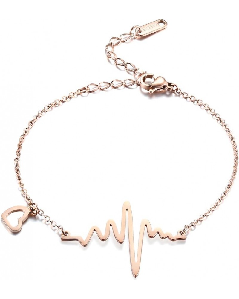 Stainless Steel 18k Rose Gold Plated EKG Heartbeat Love Cardiogram Adjustable Bracelet Jewelry for Women 3 Colors Rose gold $...