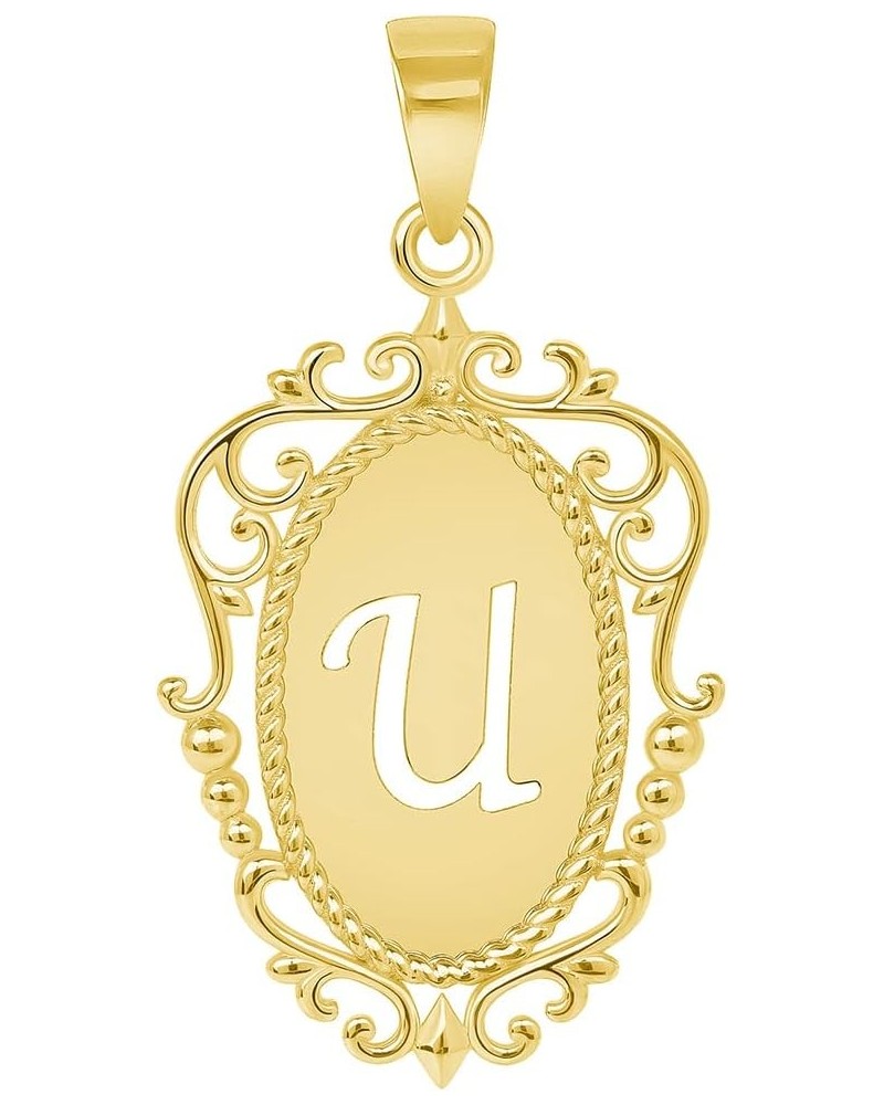 14k Yellow Gold Elegant Filigree Oval Uppercase Initial Script Letter Plate Pendant - A to Z U $45.00 Pendants