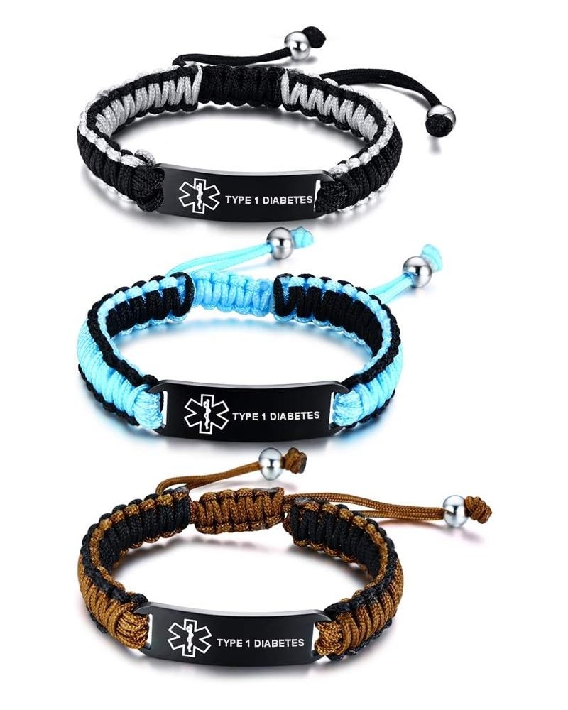 Custom Engraving Handmade Braided Rope Adjustable Medical Alert ID Bracelet Fits Adults & Kids,5.9-9 Inches 3 Color Set-13mm-...