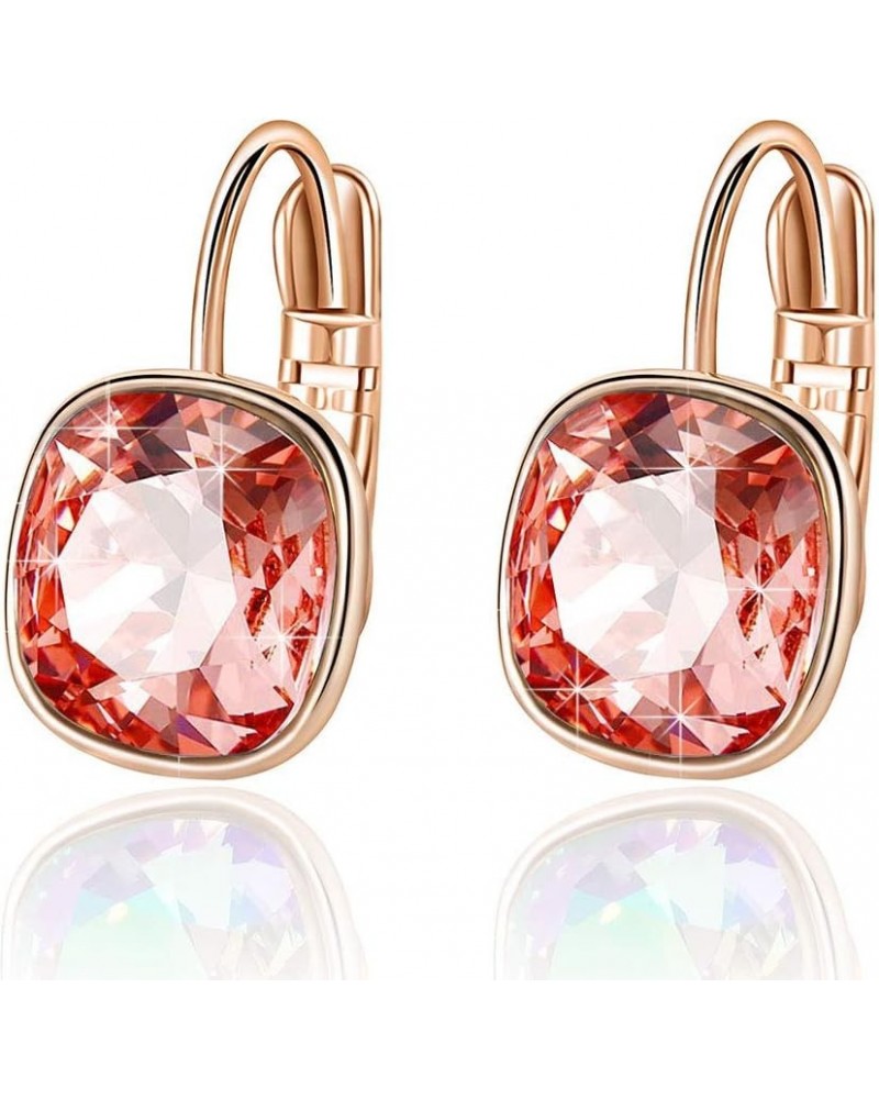 Austrian Crystal Square Cushion Drop Leverback Earrings for Women 14K Rose Gold Plated Hypoallergenic Jewelry Rose Pink $13.1...