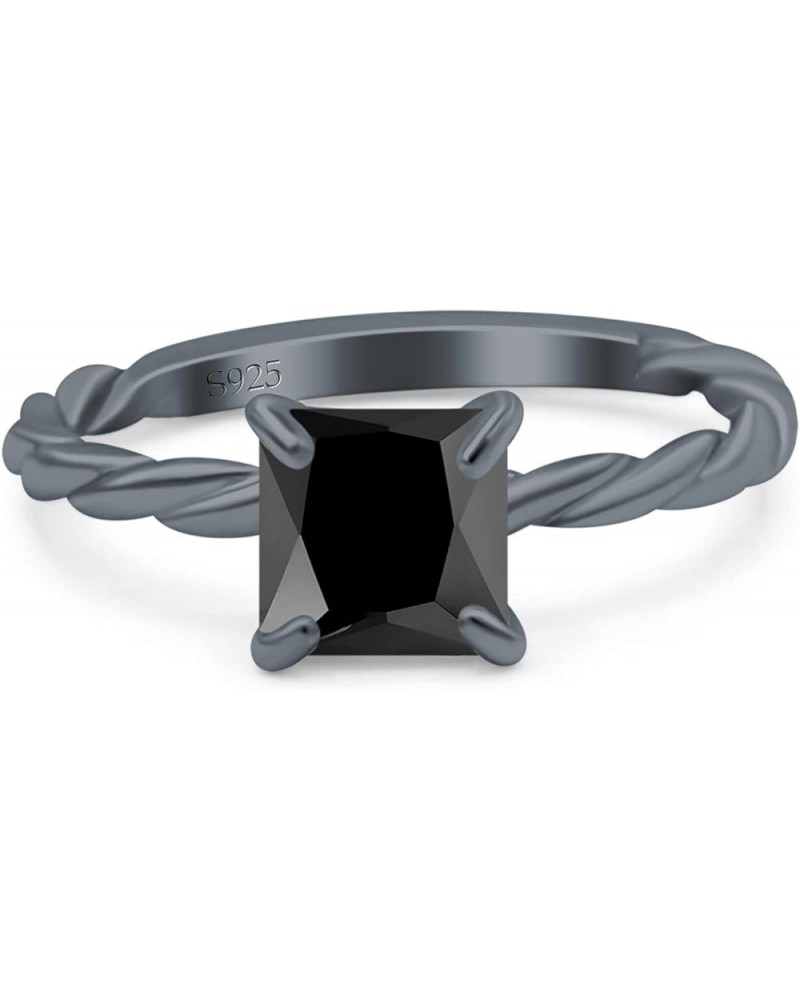 Solitaire Accent Twisted Fashion Ring Princess Cut Simulated Cubic Zirconia 925 Sterling Silver Black Tone, Simulated Black C...