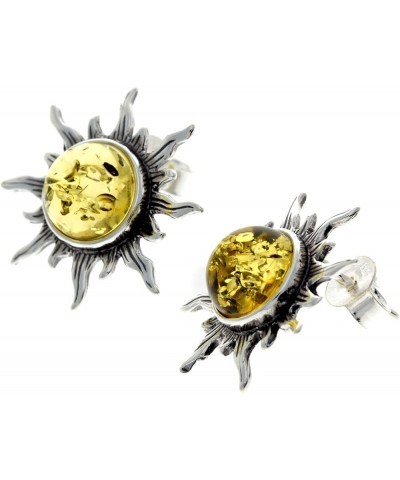 Genuine Round Baltic Amber and 925 Sterling Silver Studs Sun Stars Style Earrings - 8222 Honey $20.68 Earrings