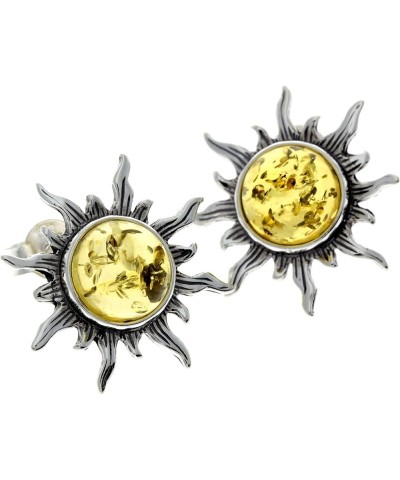 Genuine Round Baltic Amber and 925 Sterling Silver Studs Sun Stars Style Earrings - 8222 Honey $20.68 Earrings