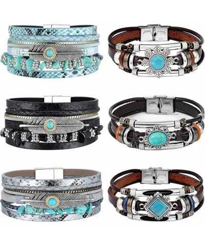 6 Pieces Turquoise Bohemian Bracelet for Women Leather Cuff Bracelet Western Multilayer Bracelets Turquoise Wristbands for Wo...