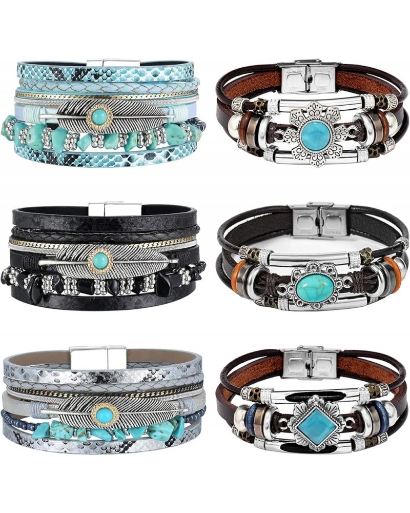 6 Pieces Turquoise Bohemian Bracelet for Women Leather Cuff Bracelet Western Multilayer Bracelets Turquoise Wristbands for Wo...