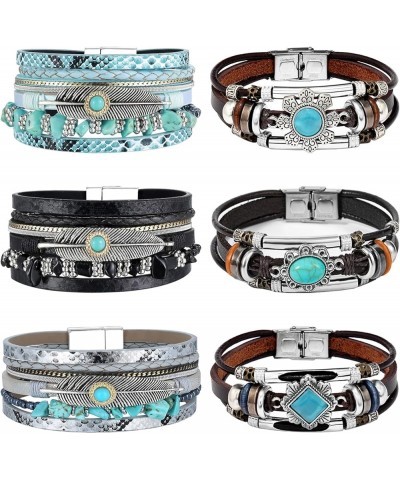 6 Pieces Turquoise Bohemian Bracelet for Women Leather Cuff Bracelet Western Multilayer Bracelets Turquoise Wristbands for Wo...