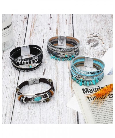 6 Pieces Turquoise Bohemian Bracelet for Women Leather Cuff Bracelet Western Multilayer Bracelets Turquoise Wristbands for Wo...