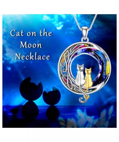 Cat Gifts for Cat Lovers 1/2/3 Cats Necklace Sterling Silver Cat on the Moon Pendant Necklace with Blue Circle Crystal Birthd...