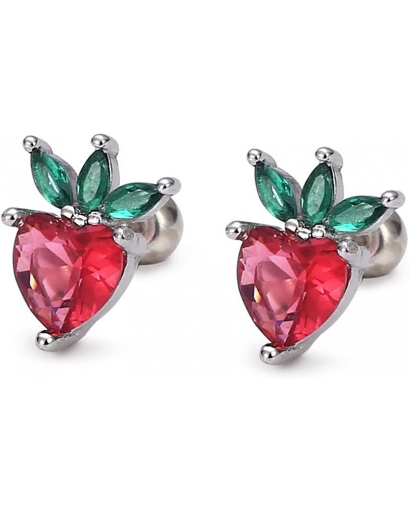 20G Tiny Strawberry Cartilage Stud Earrings 925 Sterling Silver Red Crystal Cubic Zirconia Green Leaf Sweet Fruit Helix Tragu...