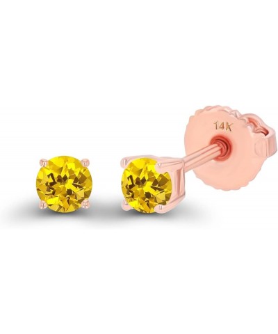 Solid 14K Gold 3mm Round Hypoallergenic Genuine Birthstone Solitaire Screwback Stud Earrings Yellow Sapphire Created Rose Gol...