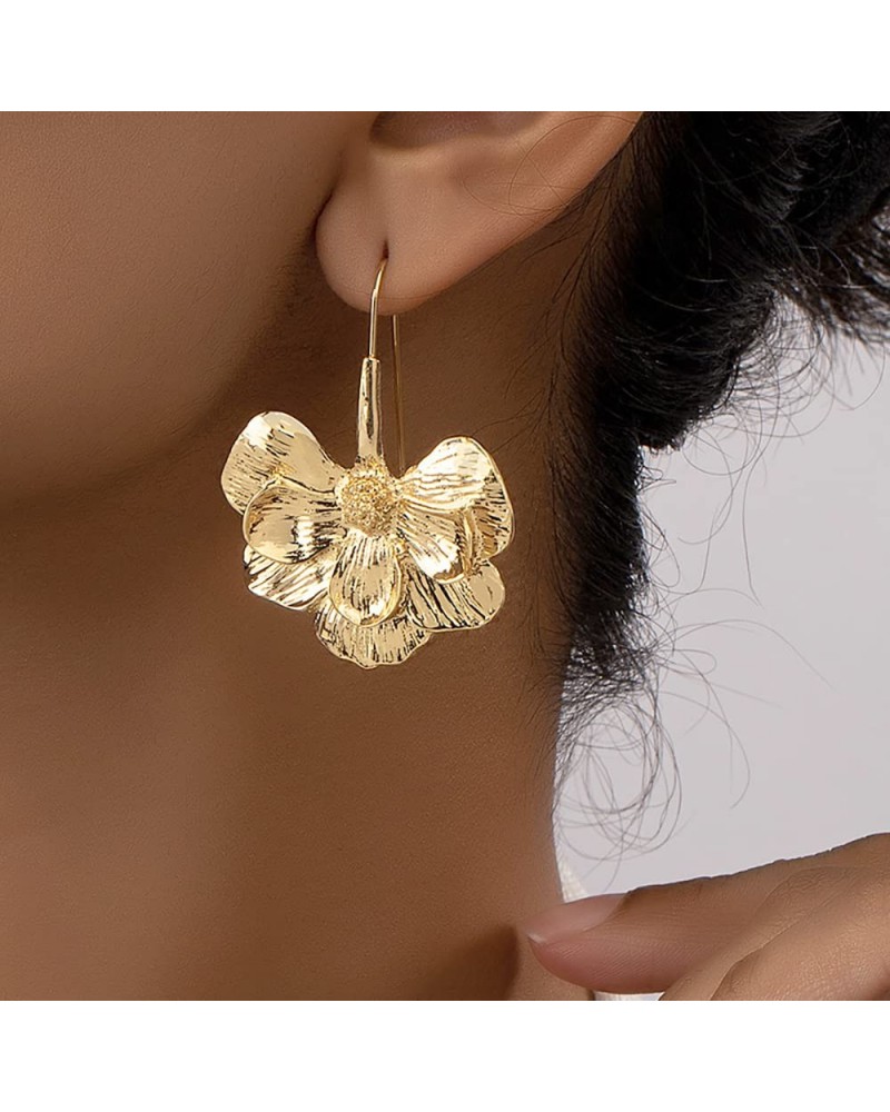 Gold Flower Earrings Flower Petal Earrings Gold Flower Floral Dangle Earrings Cute Flower Earrings Unique Chic 3D Large Flowe...