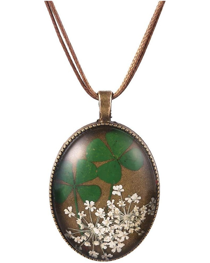 Double Real Four Leaf Clover & White Queen Anne's Lace Dried Flowers Oval Pendant Necklace $7.41 Necklaces