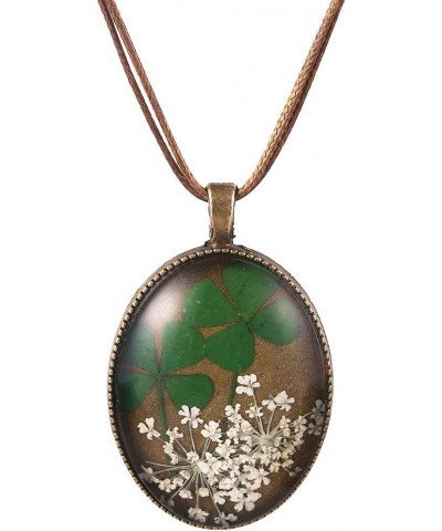 Double Real Four Leaf Clover & White Queen Anne's Lace Dried Flowers Oval Pendant Necklace $7.41 Necklaces