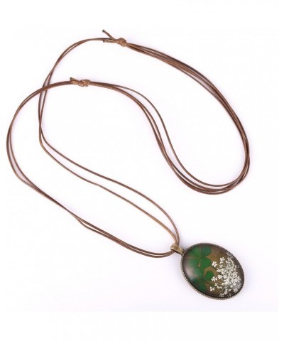 Double Real Four Leaf Clover & White Queen Anne's Lace Dried Flowers Oval Pendant Necklace $7.41 Necklaces