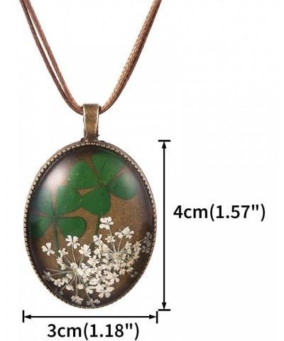 Double Real Four Leaf Clover & White Queen Anne's Lace Dried Flowers Oval Pendant Necklace $7.41 Necklaces