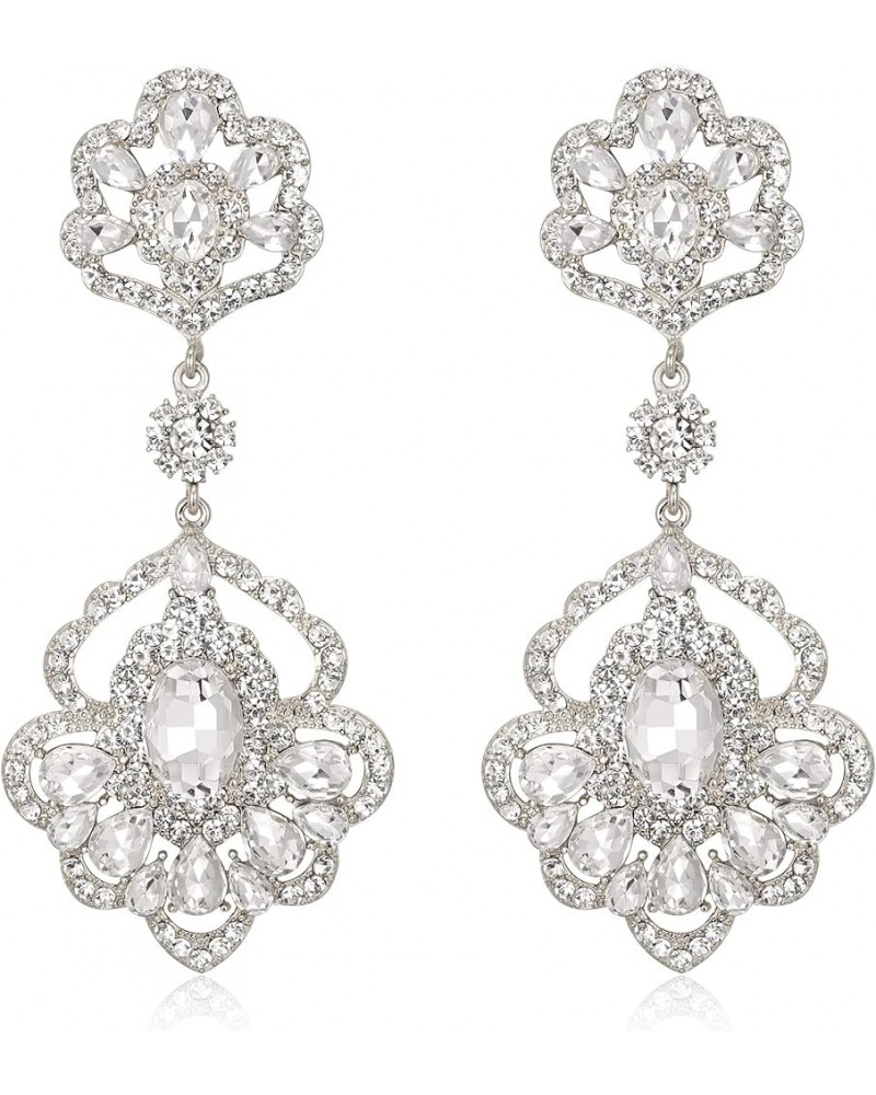 Wedding Bridal Elegant Crystal Flower Teardrop Marquise Chandelier Dangle Earrings for Women 01-Clear Silver-Tone $9.53 Earrings