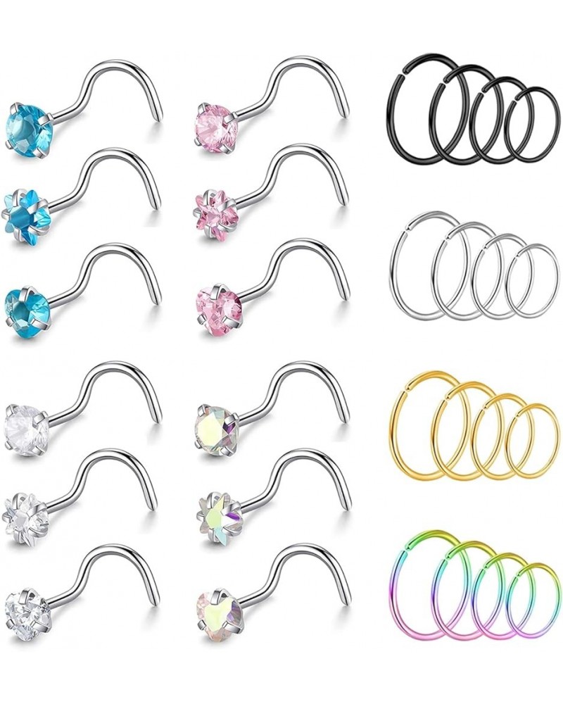 9-12PCS 20g Surgical Stainless Steel Nose Stud Ring Piercing Nose Bone/L Shaped/Nose Screws Rings Set D:12pcs Nose Screws+16p...